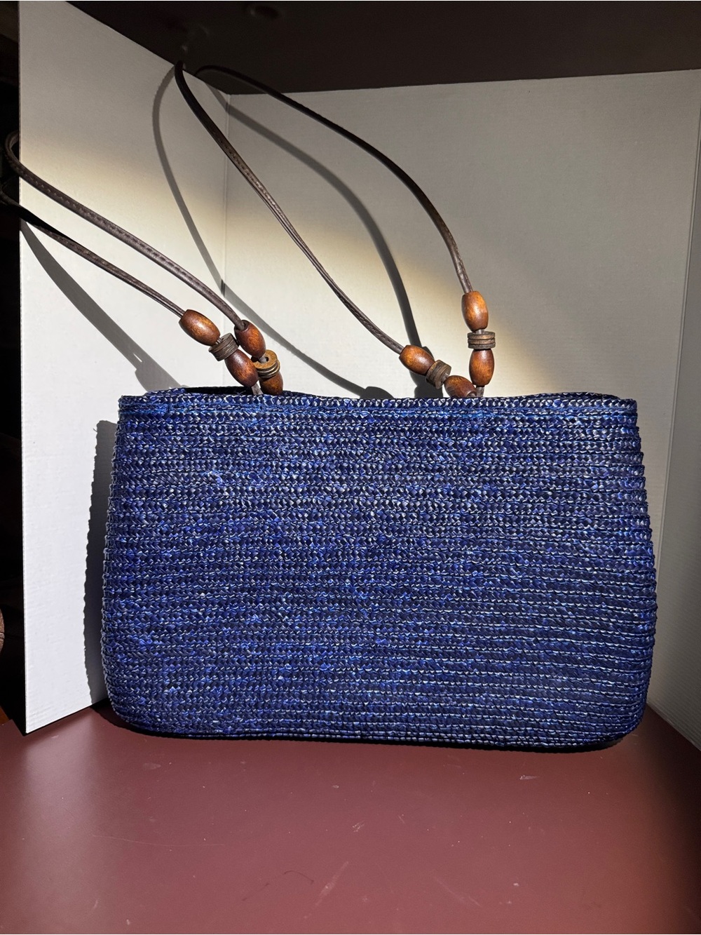 Blue  Heathered Woven Shoulder Bag with Wooden Bead Accents